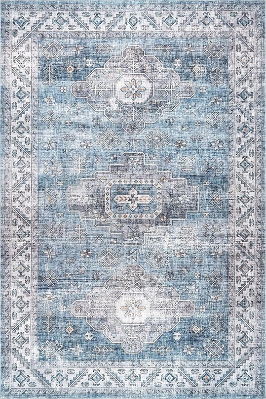 nuLOOM Eva Machine Washable Vintage Faded Medallion Ultra Thin Area Rug, 5' x 8', Blue - LeafyLoom