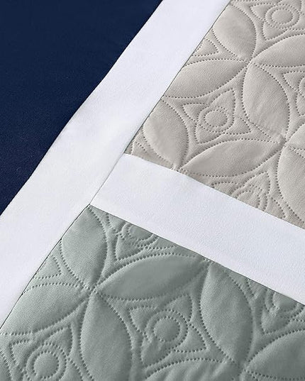 Chezmoi Collection Upland 7-Piece Quilted Patchwork Comforter Set, Navy/Blue/Gray, California King - LeafyLoom