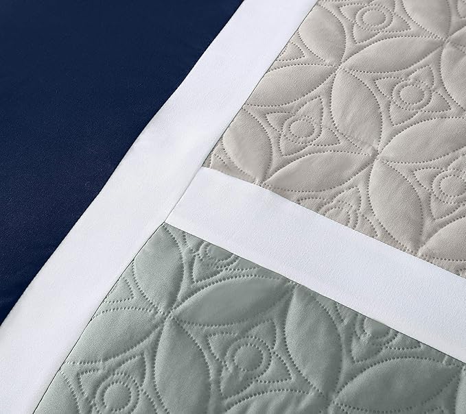 Chezmoi Collection Upland 7-Piece Quilted Patchwork Comforter Set, Navy/Blue/Gray, California King - LeafyLoom