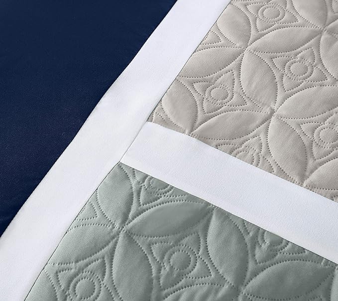 Chezmoi Collection Upland 7-Piece Quilted Patchwork Comforter Set, Navy/Blue/Gray, Full - LeafyLoom