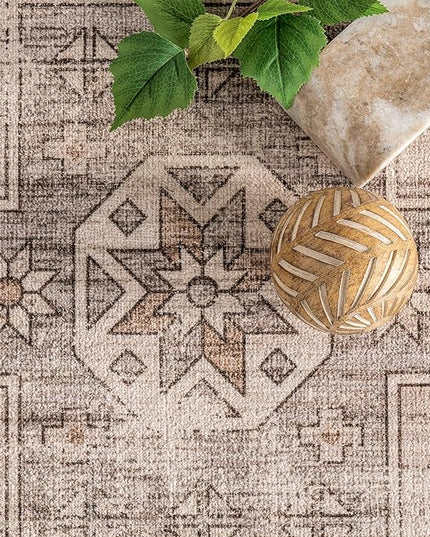 nuLOOM Amie Persian Border Machine Washable Ultra Thin Area Rug, 4' x 6', Light Brown - LeafyLoom