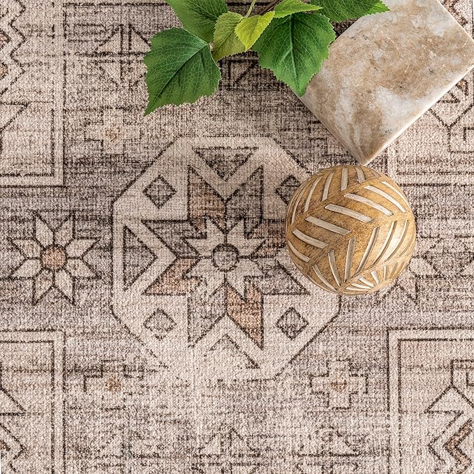 nuLOOM Amie Persian Border Machine Washable Ultra Thin Area Rug, 4' x 6', Light Brown - LeafyLoom