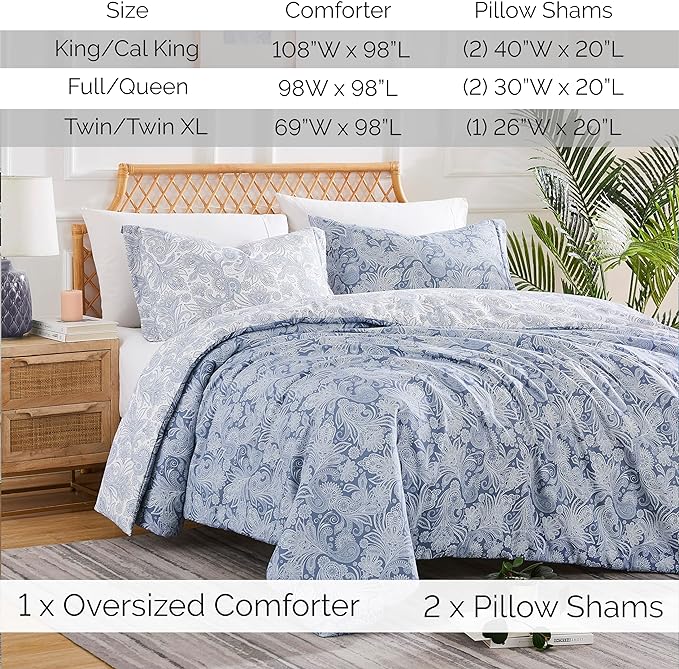 Southshore Fine Living, Inc. Oversized Twin Comforter Bedding Set, Down Alternative Paisley Bedspread, Reversible Print is 2 Colors in 1, Twin/Twin XL Comforter & Matching Sham, Blue/White - LeafyLoom