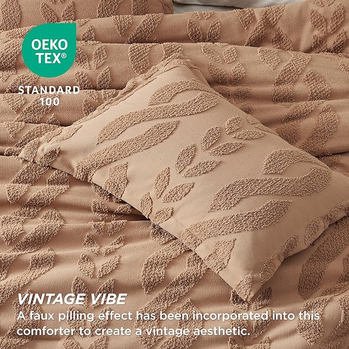 Bedsure Twin/Twin XL Size Comforter Set Taupe, Boho Tufted Bedding Comforter Set, Farmhouse Jacquard Cable Knit Pattern Bed Set, 2 Pieces, 1 Shabby Chic Fluffy Comforter & 1 Pillow Sham - LeafyLoom