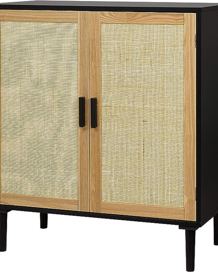Finnhomy Sideboard Buffet Cabinet, Kitchen Storage Cabinet with Rattan Decorated Doors, Accent Liquor Cabinet for Bar, Dining Room, Hallway, Cupboard Console Table, 31.5X 15.8X 34.6 Inches - LeafyLoom