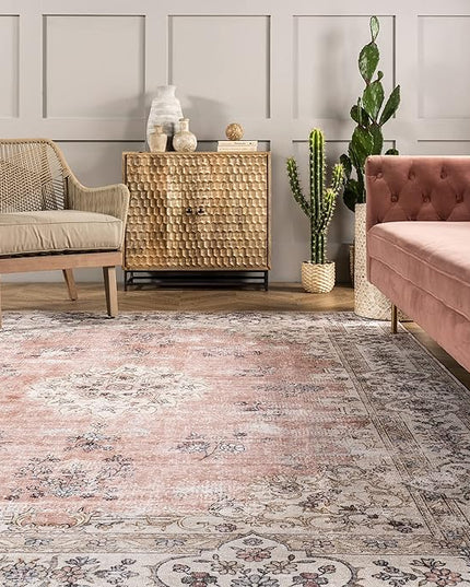 nuLOOM Ren Vintage Floral Machine Washable Ultra Thin Accent Rug, 2x3, Peach - LeafyLoom