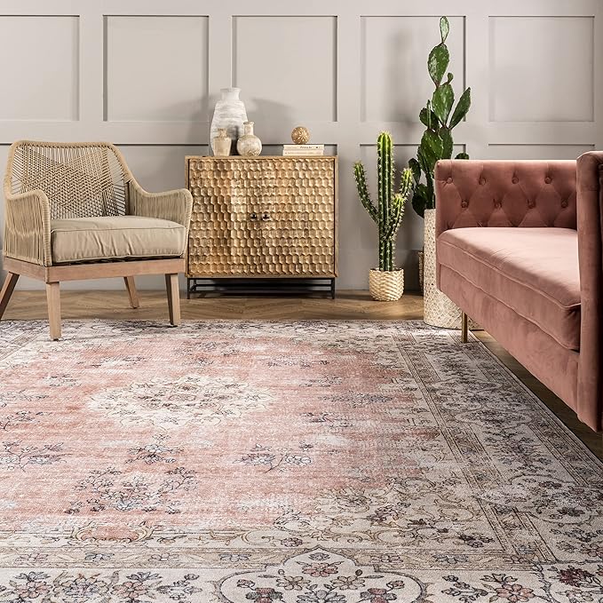 nuLOOM Ren Vintage Floral Machine Washable Ultra Thin Accent Rug, 2x3, Peach - LeafyLoom