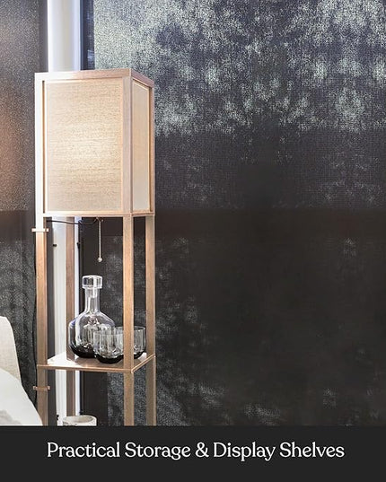 Brightech Maxwell - Modern Shelf Floor Lamp with Lamp Shade and LED Bulb - Corner Display Floor Lamps with Shelves for Living Room, Bedroom and Office - Natural Wood - LeafyLoom