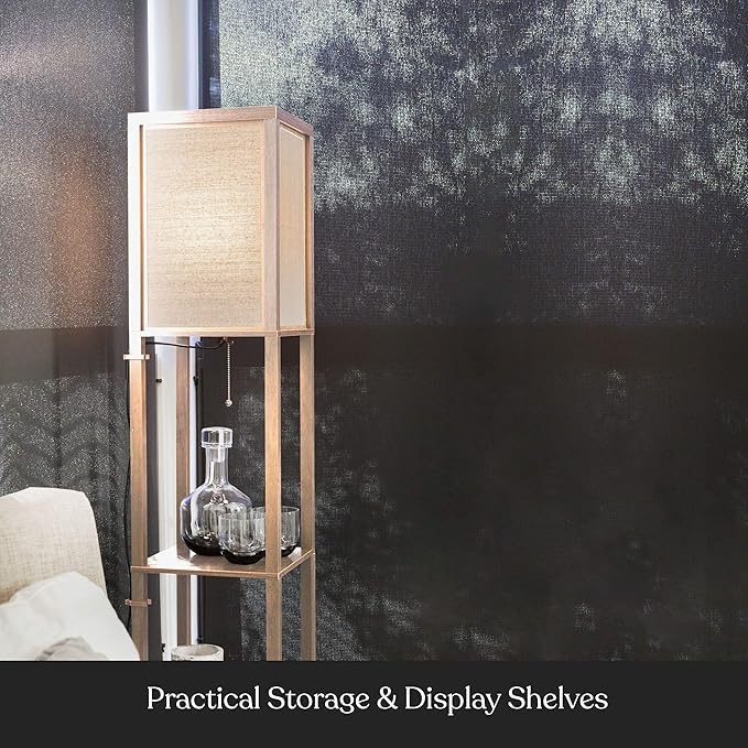 Brightech Maxwell - Modern Shelf Floor Lamp with Lamp Shade and LED Bulb - Corner Display Floor Lamps with Shelves for Living Room, Bedroom and Office - Natural Wood - LeafyLoom