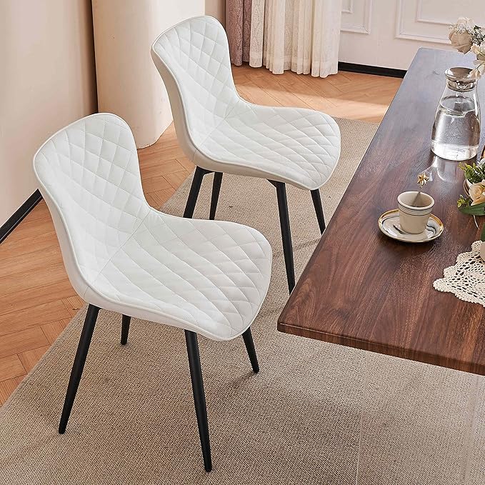 YOUTASTE White Dining Chairs Set of 2 Mid Century Modern Kitchen Chairs PU Leather Armless Upholstered Accent Dinner Chair with Back Metal Legs for Guest Reception Waiting Living Room - LeafyLoom