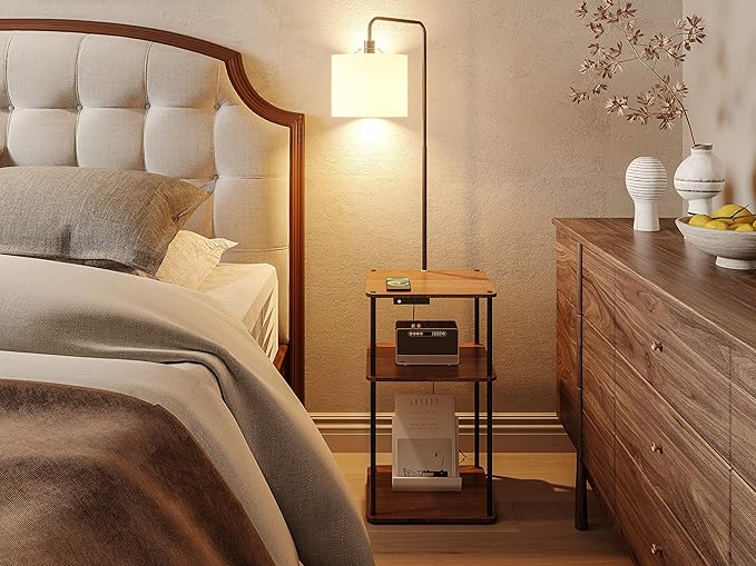 Floor Lamp with Table, Lamps for Living Room with Charging Station(USB &Type-C &AC Port), Rustic End Table Lamp with Shelves & 3-Color Temperature LED Bulb, Lamp Table for Living Room, Bedroom - LeafyLoom