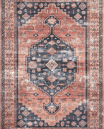 nuLOOM Medallion Bordered Machine Washable Ultra Thin Area Rug, 9' x 12', Rust - LeafyLoom