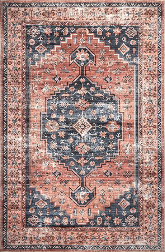 nuLOOM Medallion Bordered Machine Washable Ultra Thin Area Rug, 9' x 12', Rust - LeafyLoom