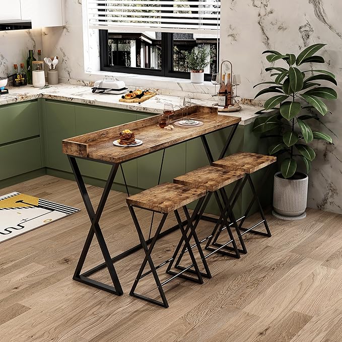 NicBex Kitchen Table Set Dining Room Set Modern Design Kitchen Dining Table, Pub Table with X-Shaped Table Legs, Long Dining Table Set with 3 Stools, Easy Assemble, Natural - LeafyLoom