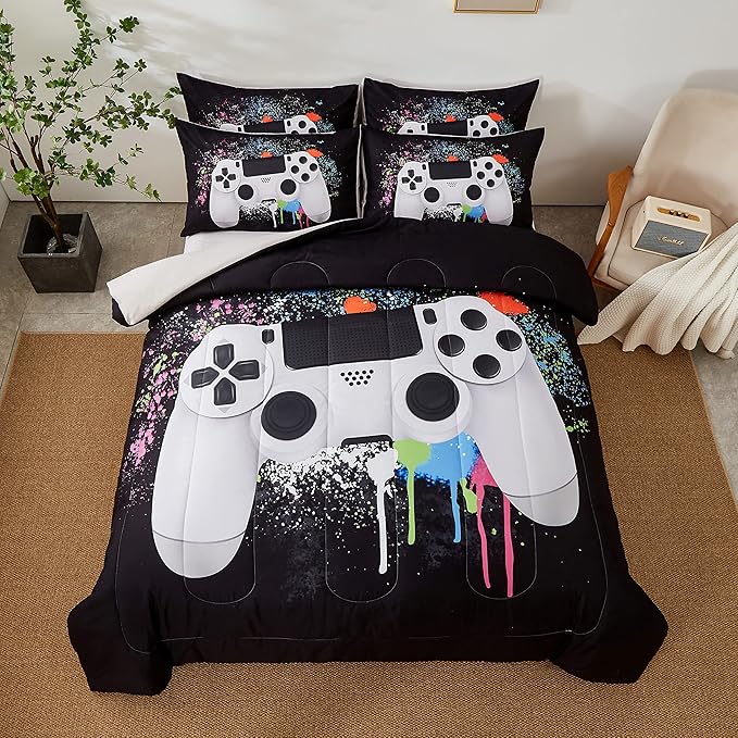 Gamer Bedding Sets for Boys, Full Size 3-Piece Gaming Comforter Sets for Kids Teens, Soft Microfiber Video Game Bedding Sets for Game Lovers, 1 Comforter and 2 Pillowcase(White,Full) - LeafyLoom