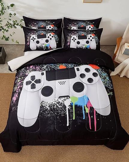 Gamer Bedding Sets for Boys, Queen Size 3-Piece Gaming Comforter Sets for Kids Teens, Soft Microfiber Video Game Bedding Sets for Game Lovers, 1 Comforter and 2 Pillowcase(White,Queen) - LeafyLoom