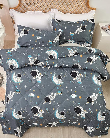 JSD Grey Astronaut Kids Comforter Set for Boys Toddler, 3 Pieces Full Microfiber Comforter with Pillow Sham, Soft Comfortable Machine Washable - LeafyLoom