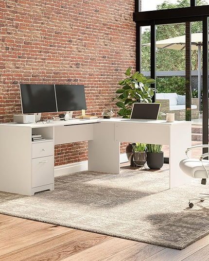 Bush Furniture L Shaped Desk with Drawers for Executive and Home Office | Cabot Collection Corner Table with Storage and Chrome Hardware Return, 72W, White - LeafyLoom
