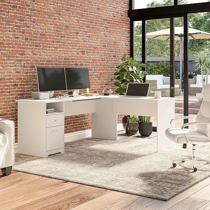 Bush Furniture L Shaped Desk with Drawers for Executive and Home Office | Cabot Collection Corner Table with Storage and Chrome Hardware Return, 72W, White - LeafyLoom