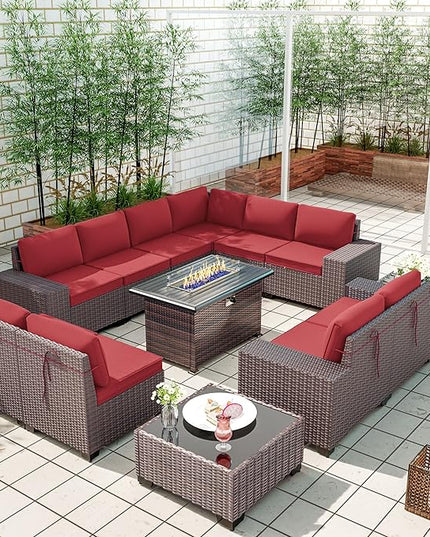 Kullavik 13 Pieces Outdoor Patio Furniture Set with 43" 55000BTU Gas Propane Fire Pit Table PE Wicker Rattan Sectional Sofa Patio Conversation Sets,Red - LeafyLoom