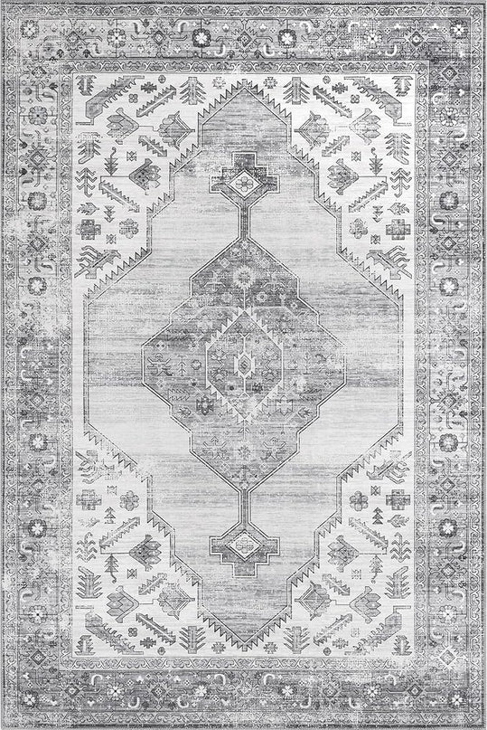 nuLOOM Gracie Distressed Medallion Machine Washable Ultra Thin Area Rug, 4x6, Grey - LeafyLoom
