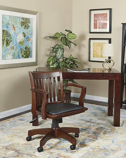 OSP Home Furnishings Deluxe Wood Banker's Desk Chair with Padded Seat, Adjustable Height and Locking Tilt, Espresso Finish and Black Vinyl - LeafyLoom