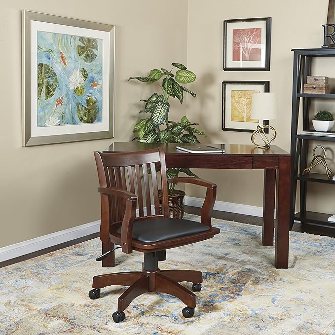 OSP Home Furnishings Deluxe Wood Banker's Desk Chair with Padded Seat, Adjustable Height and Locking Tilt, Espresso Finish and Black Vinyl - LeafyLoom