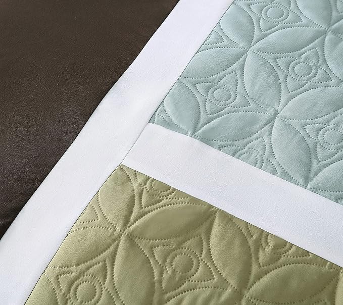 Chezmoi Collection 7-Piece Quilted Patchwork Comforter Set, Coffee Brown/Aqua Blue/Sage Green, King - LeafyLoom