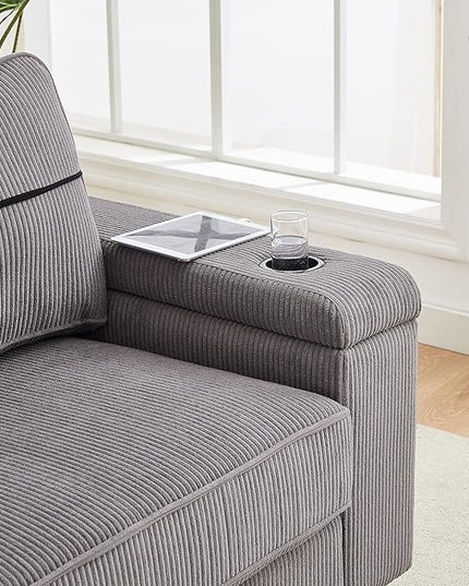 Modern Living Room Upholstered 3 Seater Sofa Couch Deep Seat Soft Corduroy Sofa&Couch with Storage Armrests, 2 Cupholders, Type-C and USB Charging Ports for Home, Apartment, Office - LeafyLoom