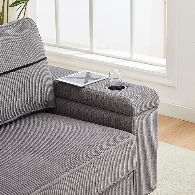 Modern Living Room Upholstered 3 Seater Sofa Couch Deep Seat Soft Corduroy Sofa&Couch with Storage Armrests, 2 Cupholders, Type-C and USB Charging Ports for Home, Apartment, Office - LeafyLoom