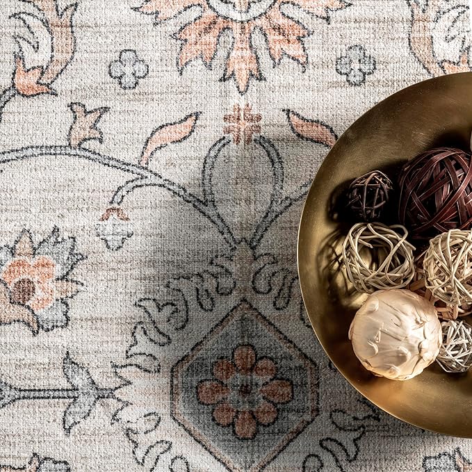 nuLOOM Marlena Faded Floral Machine Washable Ultra Thin Area Rug, 8' x 10', Peach - LeafyLoom