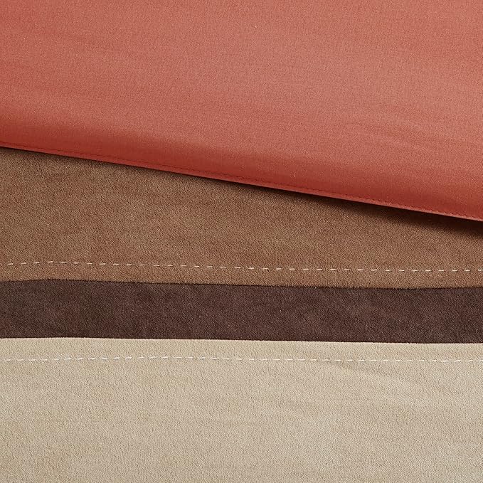 Madison Park Palisades Comforter Set Modern Faux Suede Pieced Stripe Design, All Season Down Alternative Cozy Bedding with Matching Shams, Decorative Pillows, Cal King(104"x92"), Coral 7 Piece - LeafyLoom