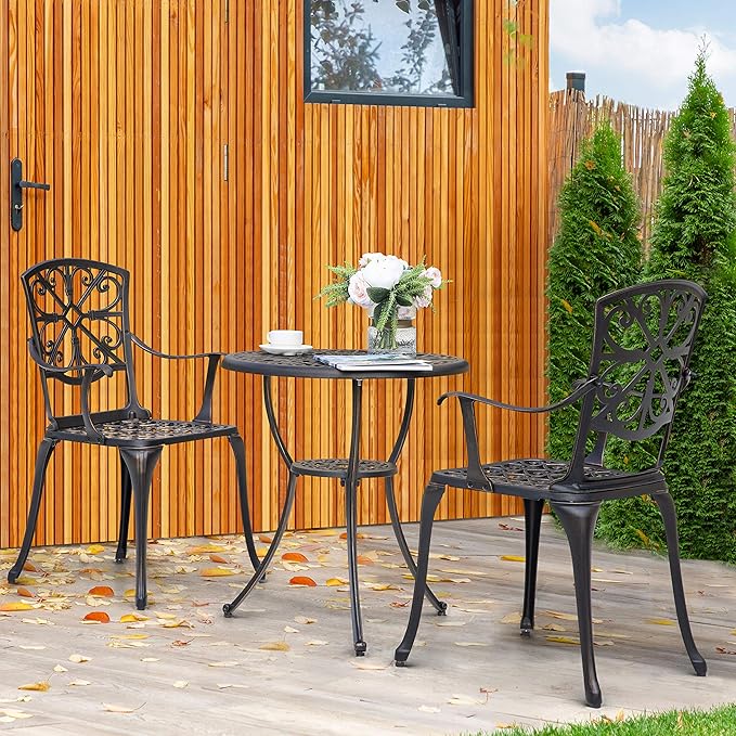 NUU GARDEN Bistro Set 3 Piece Outdoor All Weather Cast Aluminum Patio Bistro Set Patio Table and Chairs Set of 2 with Umbrella Hole for Backyard, Balcony, Front Porch, Lawn, Pool, Bronzer - LeafyLoom