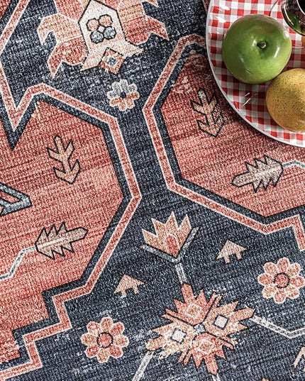nuLOOM Medallion Bordered Machine Washable Ultra Thin Area Rug, 9' x 12', Rust - LeafyLoom