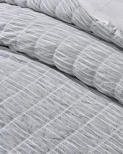 Full/Queen 100% Cotton Comforter Set | Grey Puckered Striped Down Alternative Comforter | All Season, Linen-Like, Textured 3 Piece Bedding Comforter Set (Full/Queen, Grey) - LeafyLoom