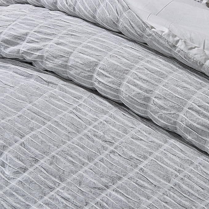 Full/Queen 100% Cotton Comforter Set | Grey Puckered Striped Down Alternative Comforter | All Season, Linen-Like, Textured 3 Piece Bedding Comforter Set (Full/Queen, Grey) - LeafyLoom