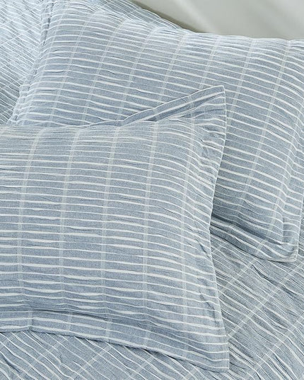 Full/Queen 100% Cotton Comforter Set | Blue Puckered Striped Down Alternative Comforter | All Season, Linen-Like, Textured 3 Piece Bedding Comforter Set (Full/Queen, Blue) - LeafyLoom