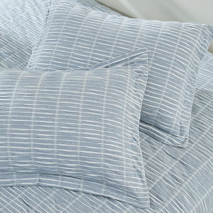 Full/Queen 100% Cotton Comforter Set | Blue Puckered Striped Down Alternative Comforter | All Season, Linen-Like, Textured 3 Piece Bedding Comforter Set (Full/Queen, Blue) - LeafyLoom