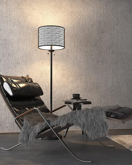 Inlight 59" High Double Shade Pull Chain Modern Floor Lamp for Living Room, Black Metal Frame and White Fabric Shade, Bulb Not Included, IN-0857-2-BK - LeafyLoom