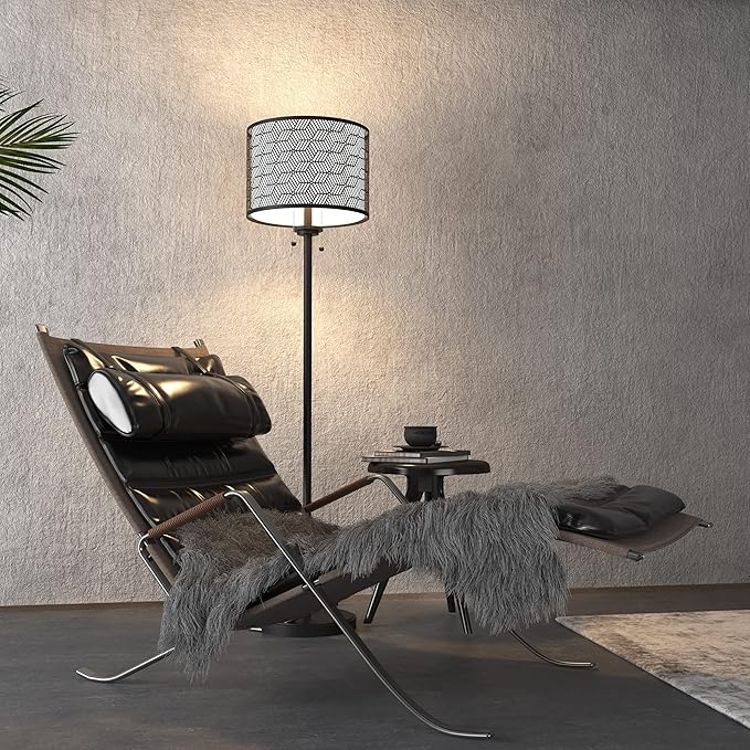 Inlight 59" High Double Shade Pull Chain Modern Floor Lamp for Living Room, Black Metal Frame and White Fabric Shade, Bulb Not Included, IN-0857-2-BK - LeafyLoom