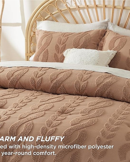 Bedsure Twin/Twin XL Size Comforter Set Taupe, Boho Tufted Bedding Comforter Set, Farmhouse Jacquard Cable Knit Pattern Bed Set, 2 Pieces, 1 Shabby Chic Fluffy Comforter & 1 Pillow Sham - LeafyLoom