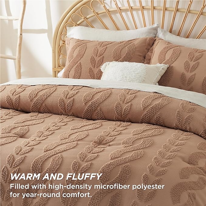 Bedsure Queen Size Comforter Set Taupe, Boho Tufted Bedding Comforter Set, Farmhouse Jacquard Cable Knit Pattern Bed Set, 3 Pieces, 1 Shabby Chic Fluffy Comforter & 2 Pillow Shams - LeafyLoom