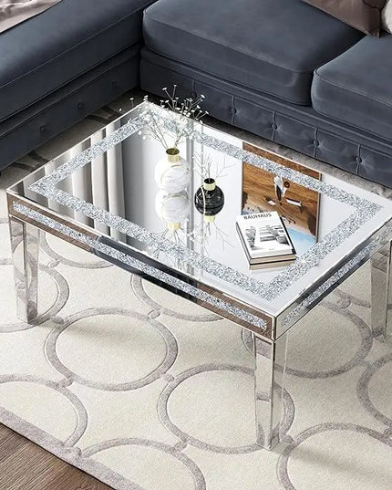 Silver Coffee Table with Crystals Inlay, 35 inches Modern Contemporary Accent Side or Coffee Table for Living Room with Mirrored Finished - LeafyLoom