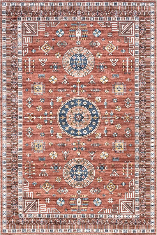 nuLOOM Tama Circle Medallion Machine Washable Ultra Thin Area Rug, 4x6, Red - LeafyLoom