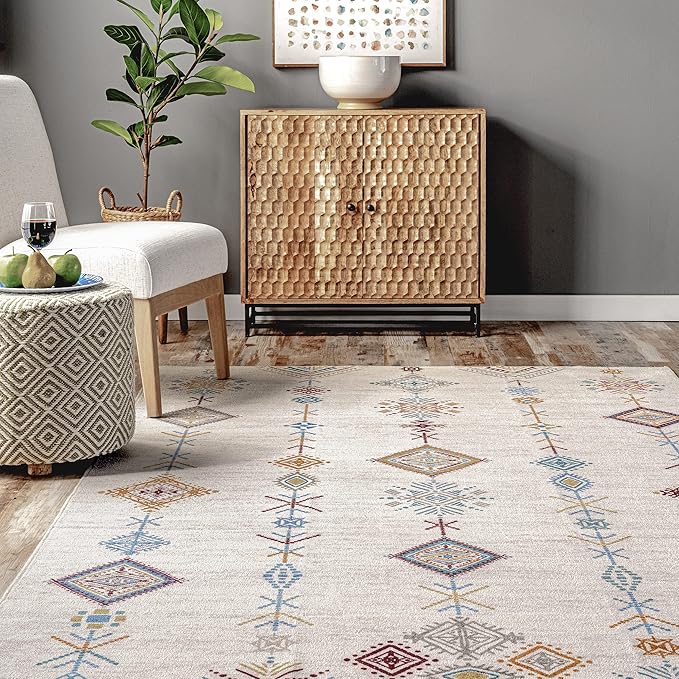 nuLOOM Kiya Machine Washable Moroccan Tribal Geometric Ultra Thin Area Rug, 5' x 8', Light Grey - LeafyLoom