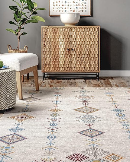 nuLOOM Kiya Machine Washable Moroccan Tribal Geometric Ultra Thin Area Rug, 6' x 9', Light Grey - LeafyLoom
