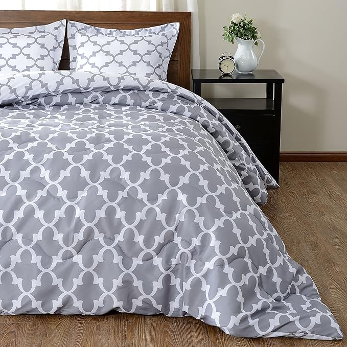 downluxe Printed Twin Comforter Set - Grey Twin Comforter, Soft Bedding Sets for All Seasons -2 Pieces - 1 Comforter (66"x92") and 1 Pillow Sham(20"x26") - LeafyLoom