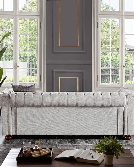 Clasic Chesterfield 3 Seaters Sofa Couch W/Luxury Roller Armrest Soild Wood Legs Linen Fabric Upholstered Button Tufted Sofa&Couch with Removable Cushions & Nailhead Decor, 88.5", Light Grey-007 - LeafyLoom