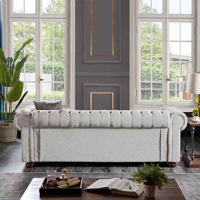 Clasic Chesterfield 3 Seaters Sofa Couch W/Luxury Roller Armrest Soild Wood Legs Linen Fabric Upholstered Button Tufted Sofa&Couch with Removable Cushions & Nailhead Decor, 88.5", Light Grey-007 - LeafyLoom