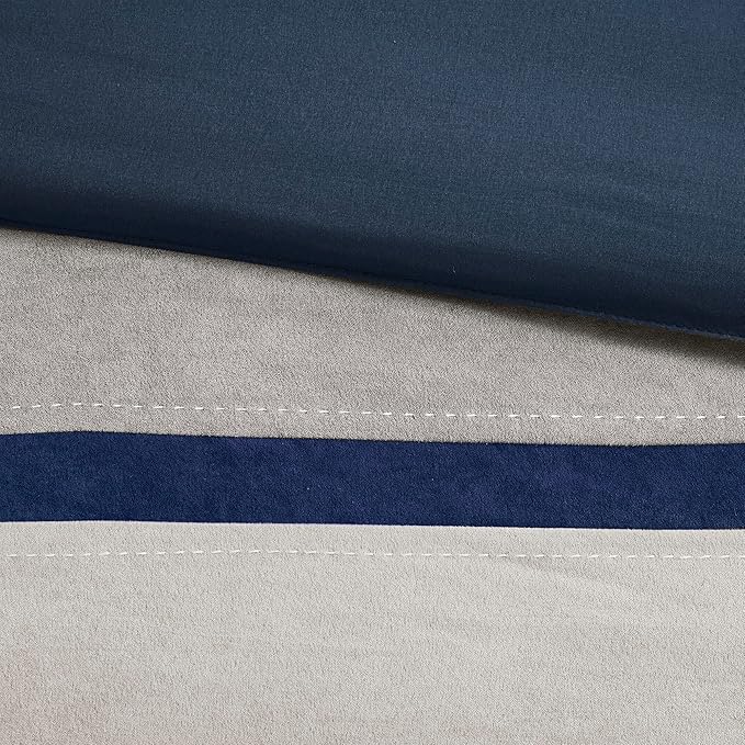 Madison Park Palisades Comforter Set Modern Faux Suede Pieced Stripe Design, All Season Down Alternative Cozy Bedding with Matching Shams, Decorative Pillows, King(104"x92"), Blue 7 Piece - LeafyLoom